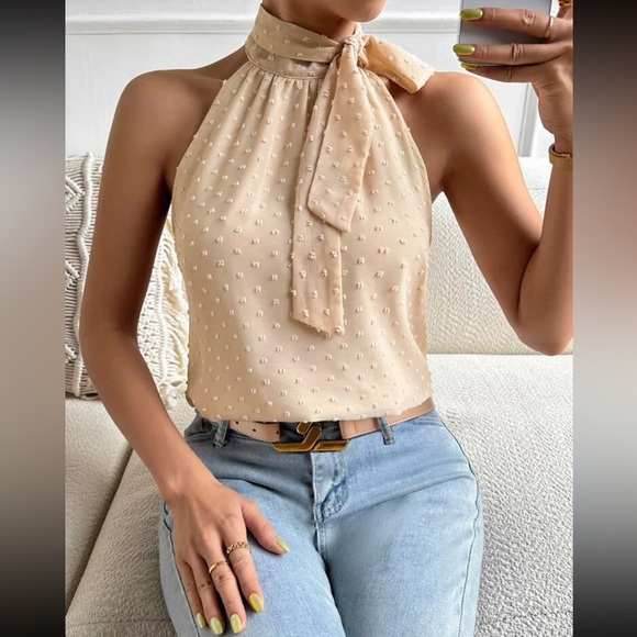 Boho apricot Swiss dot tie back chiffon blouse - Picture 1 of 6